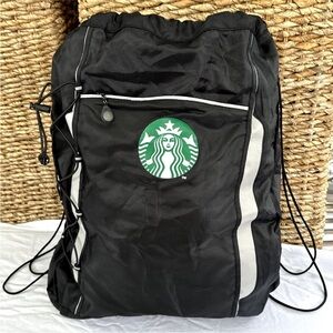 Starbucks Logo Drawstring Backpack Cinch Bag Gym Black Reflective Bungee ￼￼